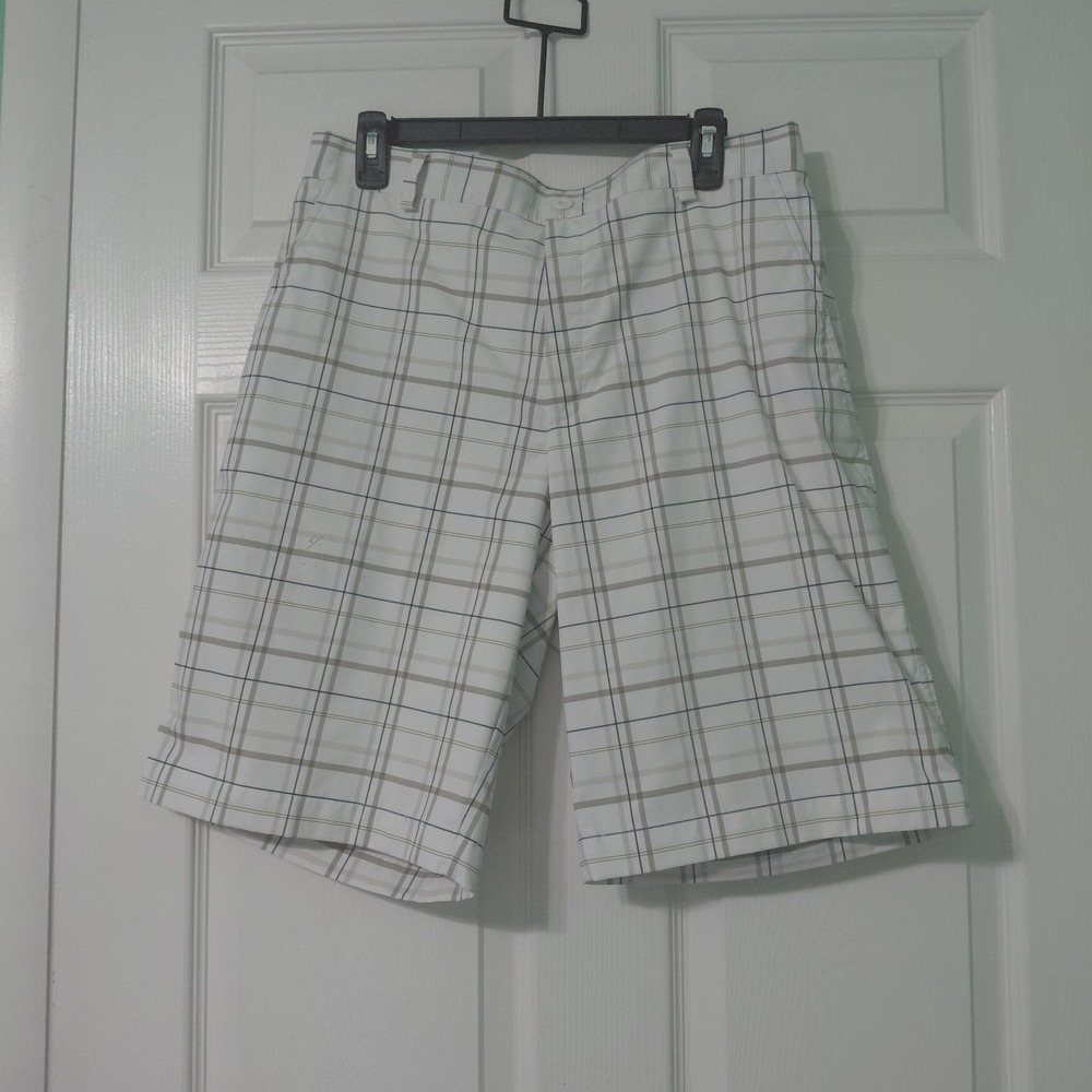 Nike Golf Shorts Mens White Gray Flat Front Plaid Chino Dri-Fit Size 34